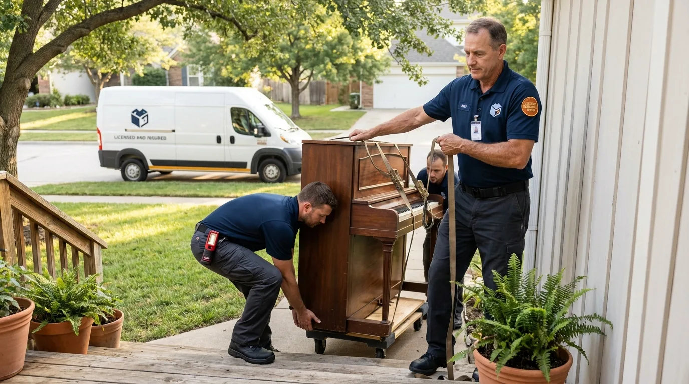 Licensed piano movers securing grand piano in Lincolnwood, IL