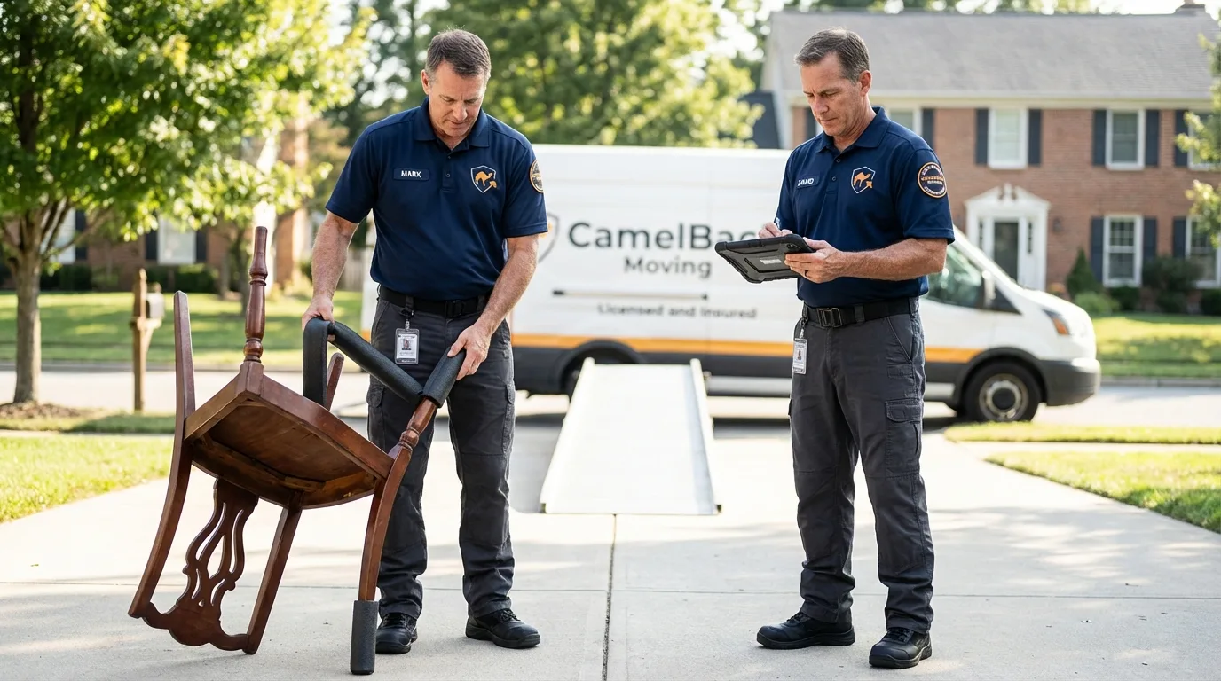 Movers inspecting furniture for damage prevention before loading in Lincolnwood, IL