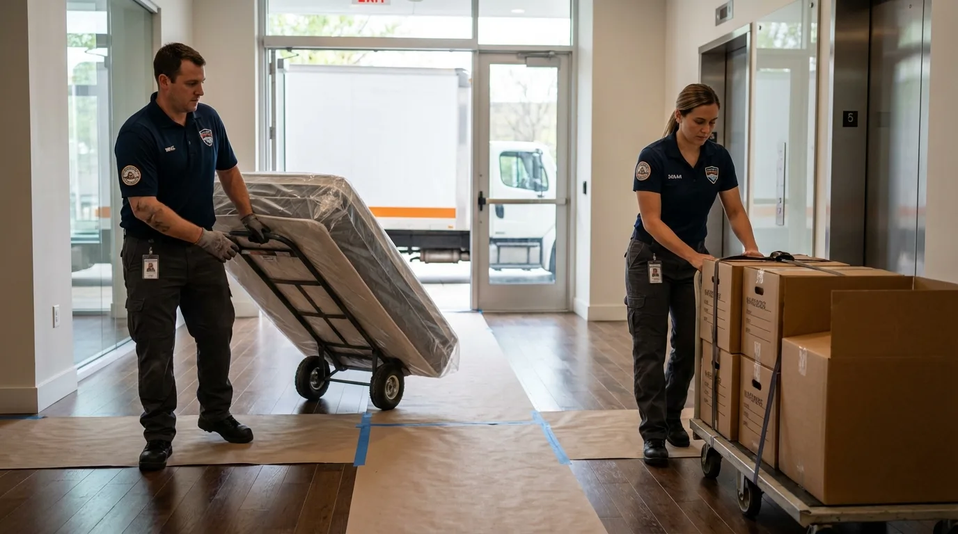 Professional apartment movers loading elevator in Lincolnwood, IL