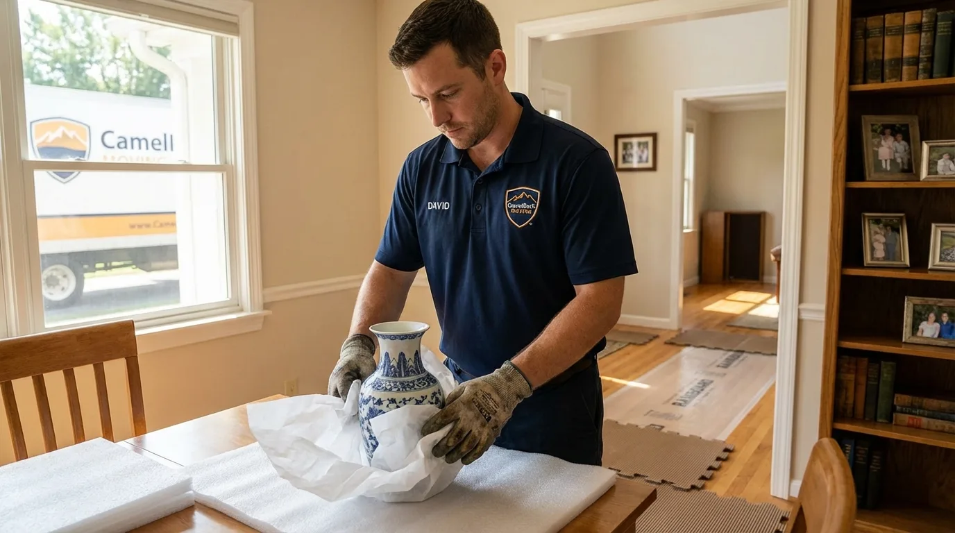 Professional crew carefully wrapping antique vase for senior downsizing move in Lincolnwood, IL